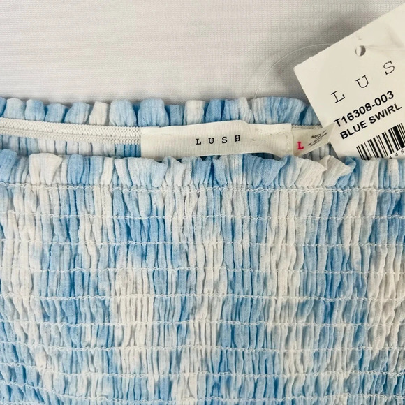 LUSH Blue Swirl Short Sleeve Smocked Top Size L - Picture 5 of 9